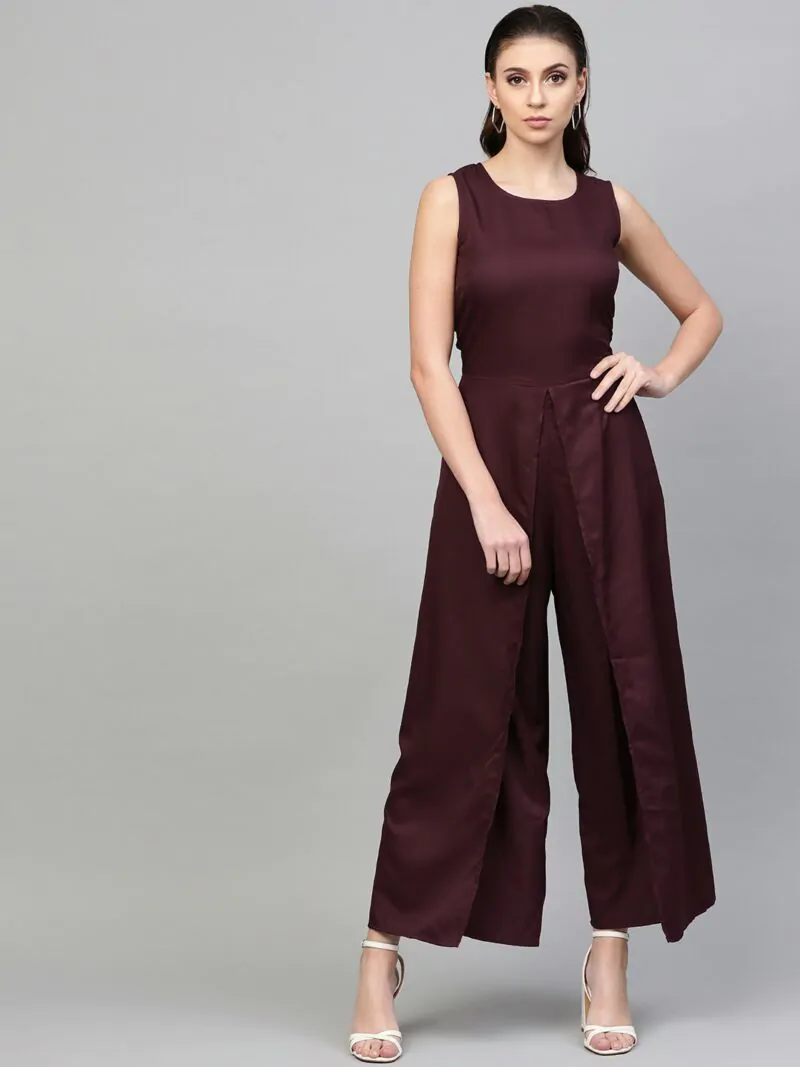 Women Burgundy Solid Layered Basic Jumpsuit