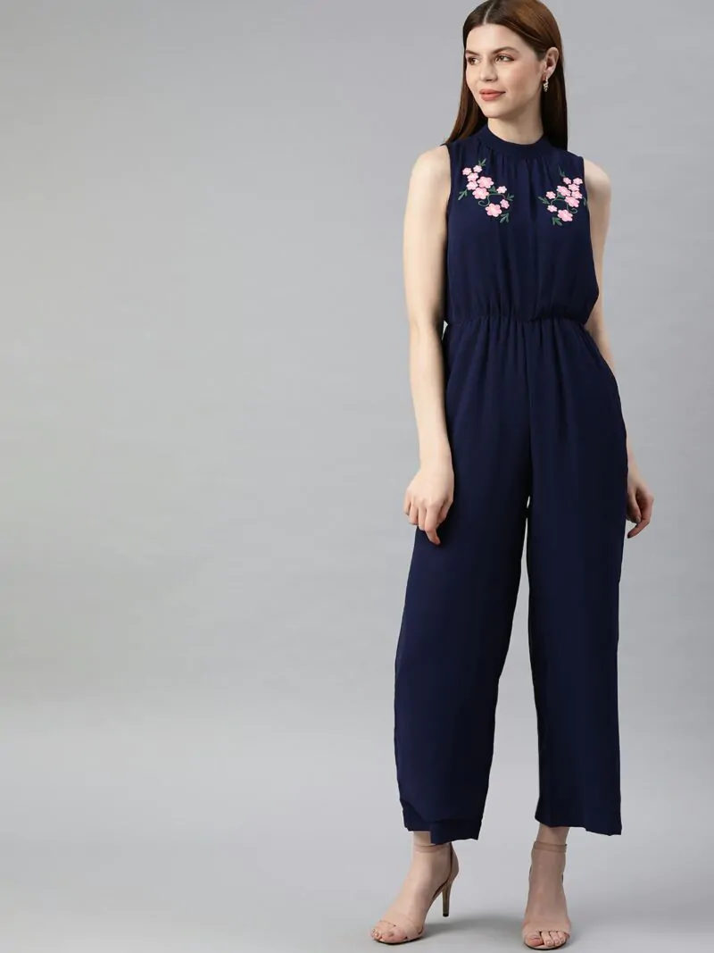 Women Navy Blue Solid Basic Jumpsuit With Embroidered Detailing