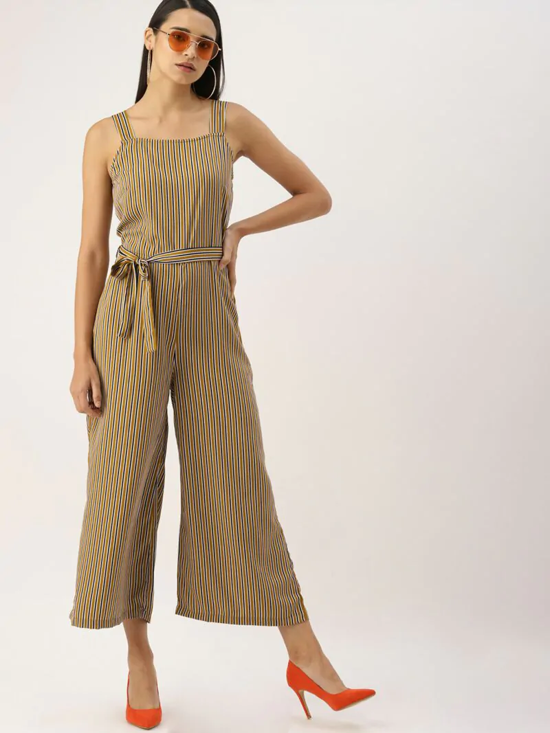 Women Mustard & Navy Blue Striped Basic Jumpsuit