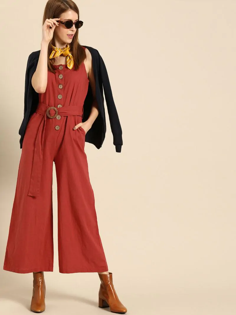 Women Rust Brown Solid Basic Jumpsuit