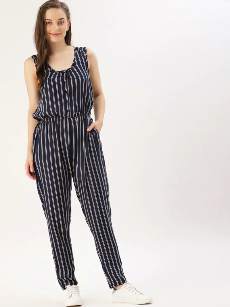 Navy Blue & Off-White Striped Basic Jumpsuit