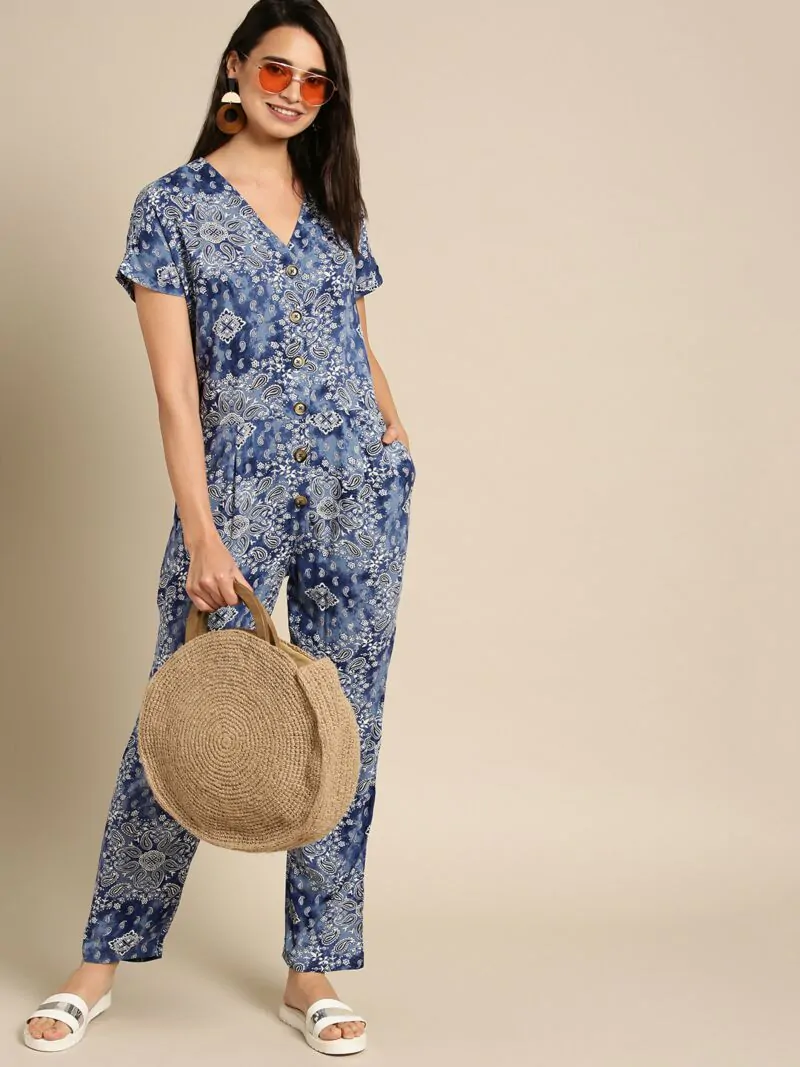Women Blue & White Printed Basic Jumpsuit