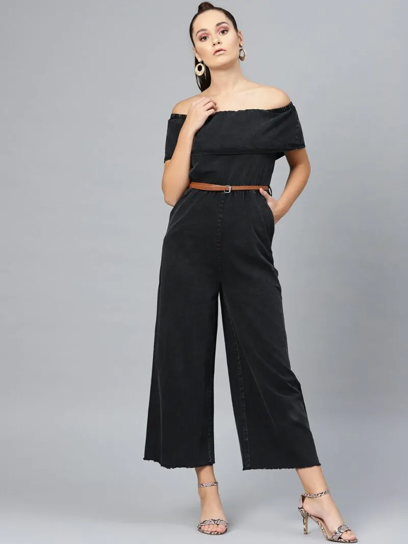 Women Black Solid Denim Basic Jumpsuit