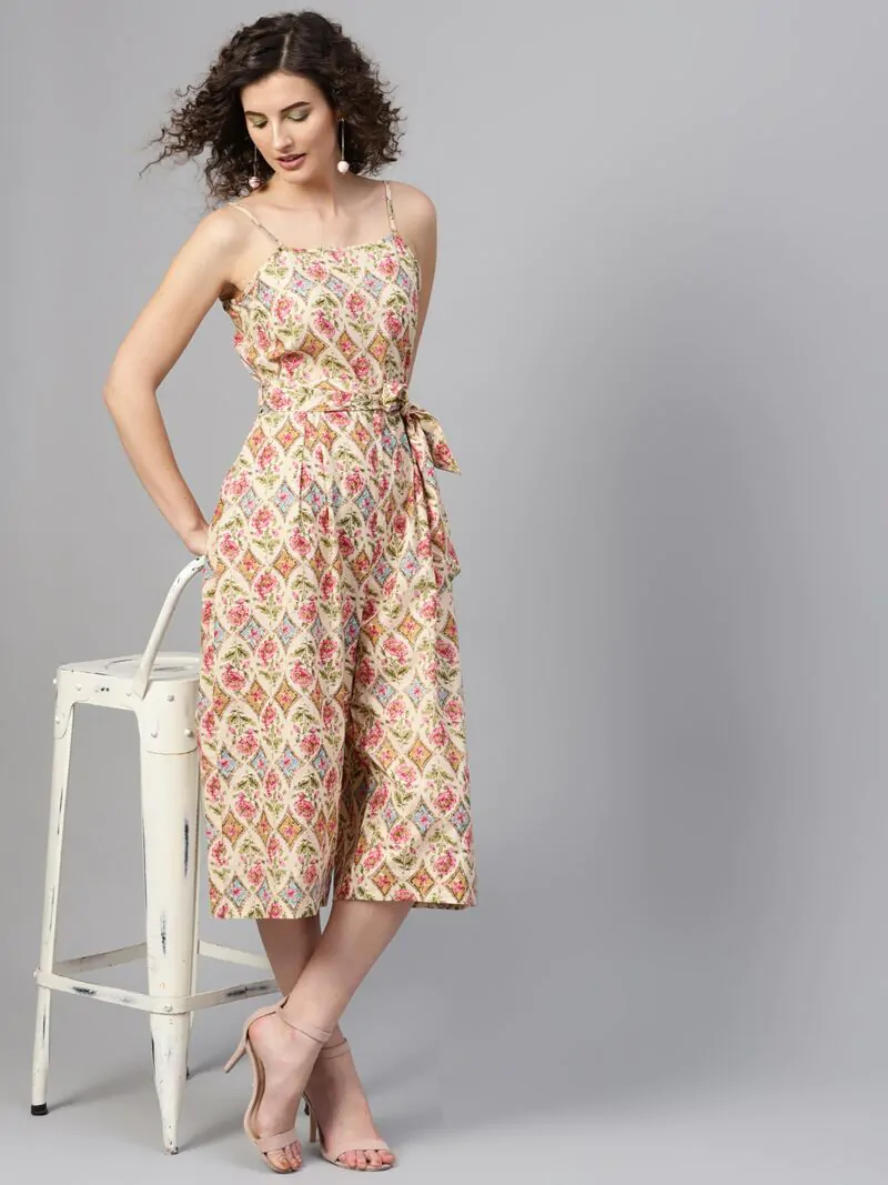 Beige & Pink Printed Culotte Jumpsuit