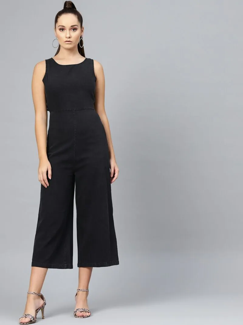 Women Black Solid Denim Culotte Jumpsuit