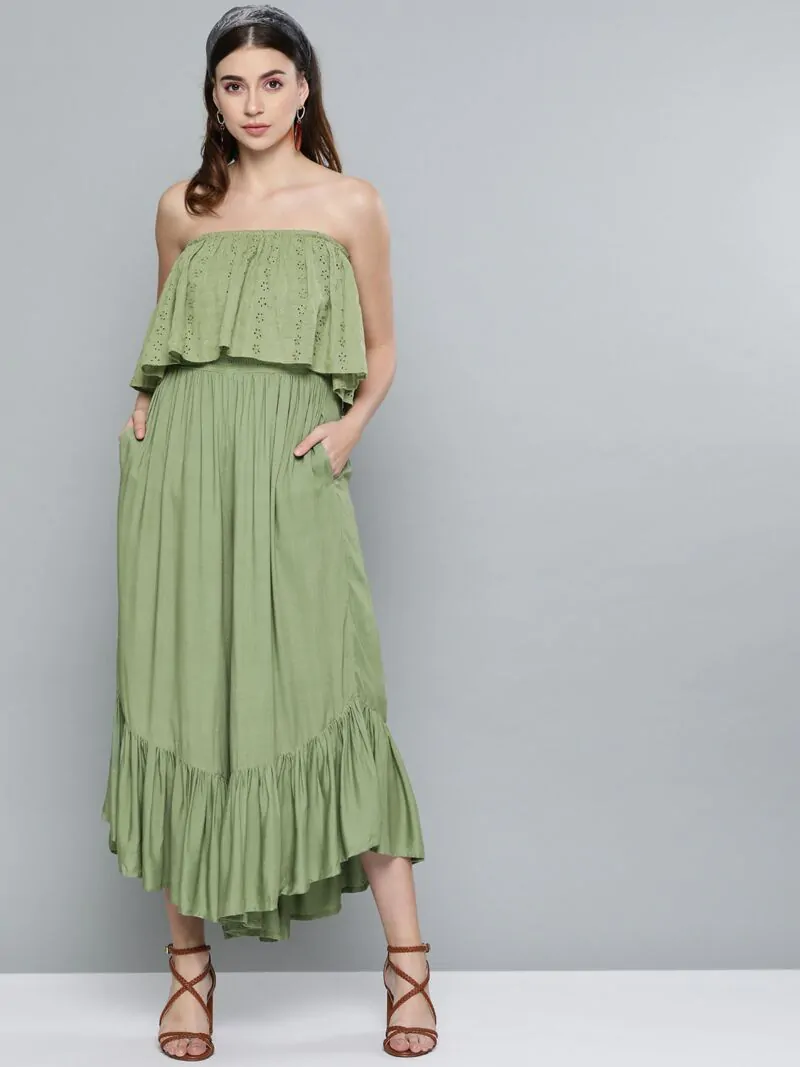 Women Olive Green Schiffli Embroidered Basic Jumpsuit