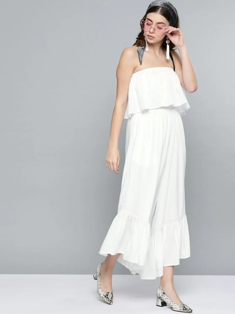 Women White Schiffli Embroidered Basic Jumpsuit