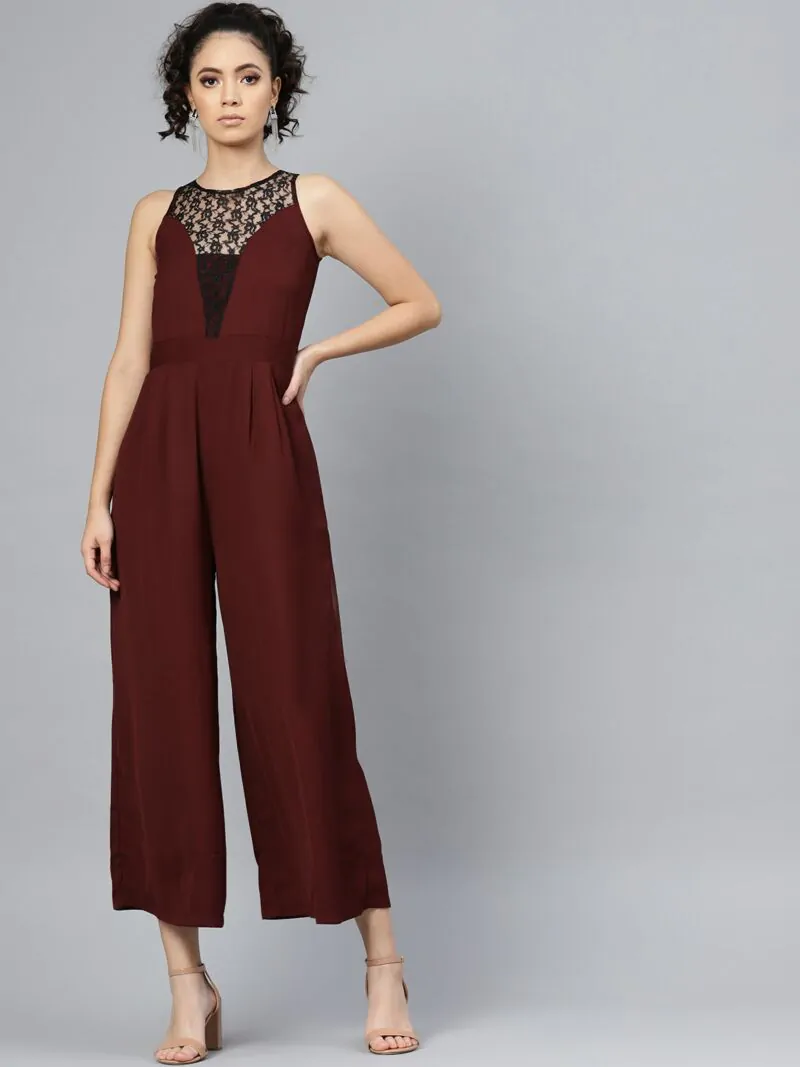 Women Maroon Solid Basic Jumpsuit
