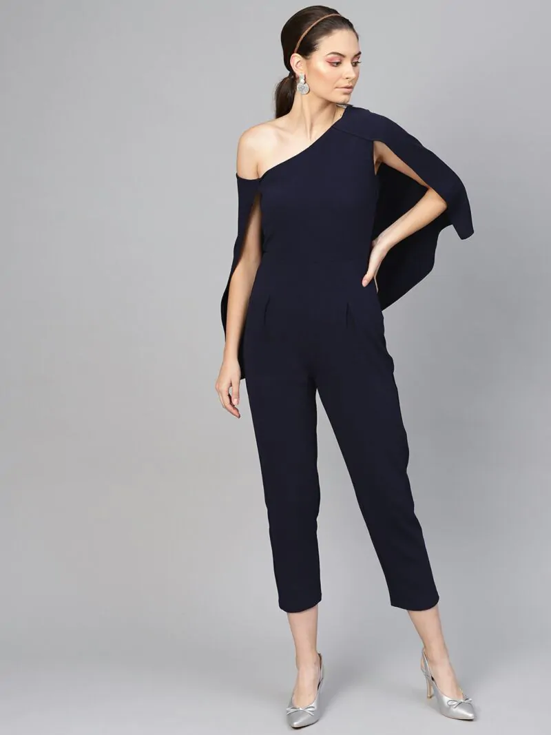 Women Navy Blue Solid One Shoulder Basic Cape Jumpsuit
