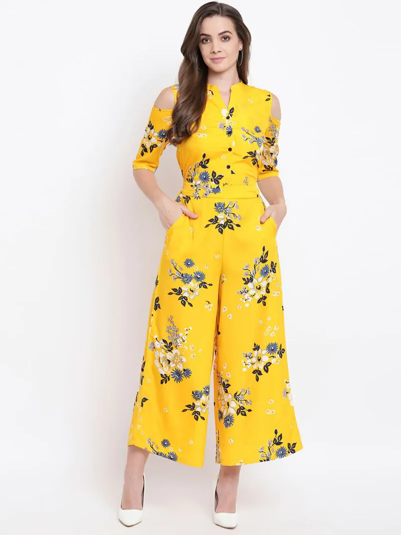Women Mustard Yellow & Blue Printed Cold-Shoulder Basic Jumpsuit