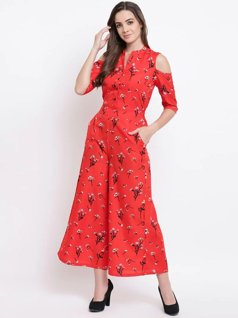 Women Red & Black Printed Cold-Shoulder Basic Jumpsuit