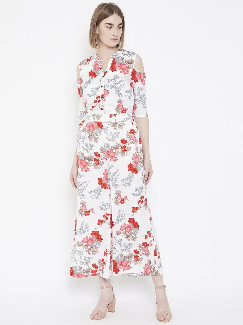 Women White & Red Printed Cold-Shoulder Basic Jumpsuit