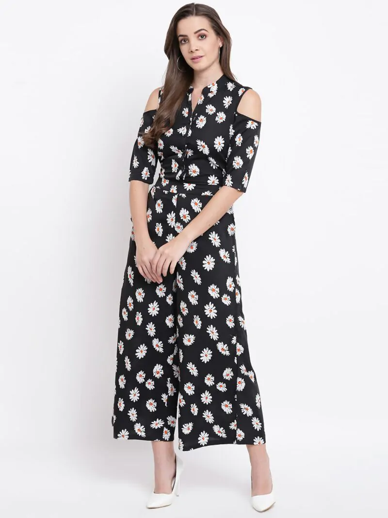 Women Black & White Printed Cold-Shoulder Basic Jumpsuit