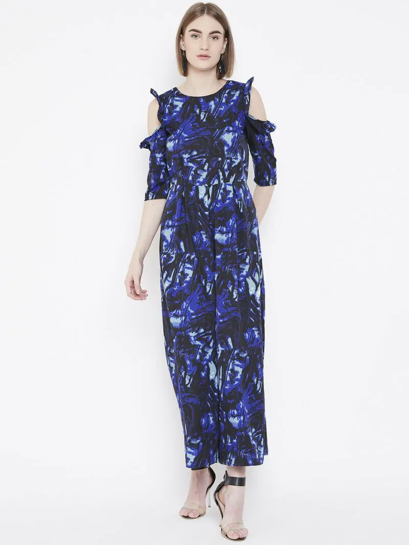 Women Blue & Black Printed Cold-Shoulder Basic Jumpsuit
