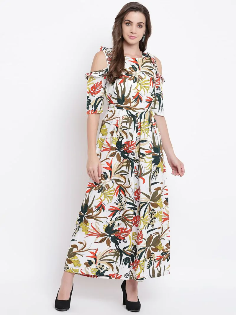 Women White & Green Printed Cold-Shoulder Basic Jumpsuit