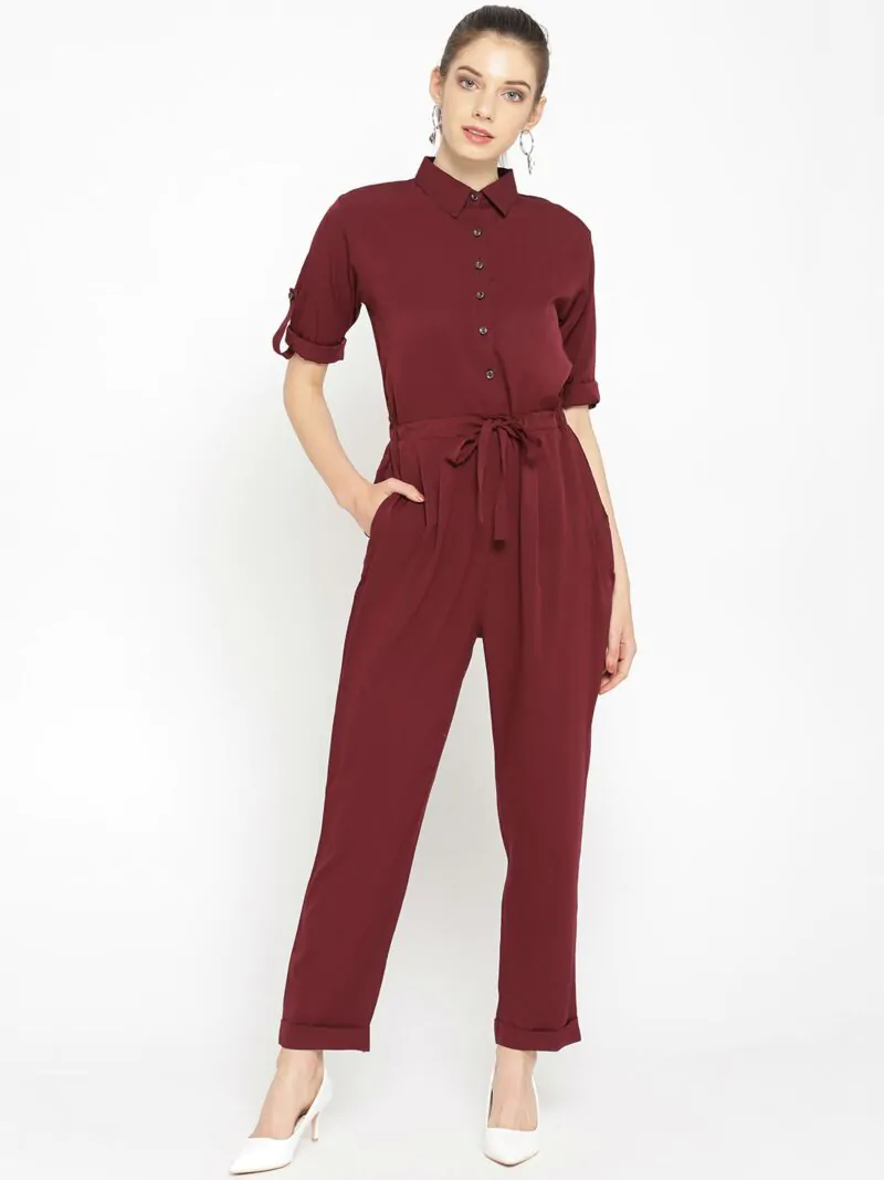 Women Burgundy Solid Basic Jumpsuit