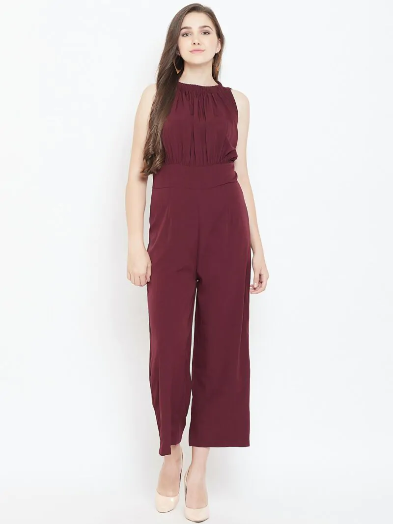 Women Burgundy Solid Basic Jumpsuit