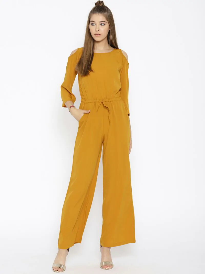 Mustard Yellow Solid Cold-Shoulder Jumpsuit