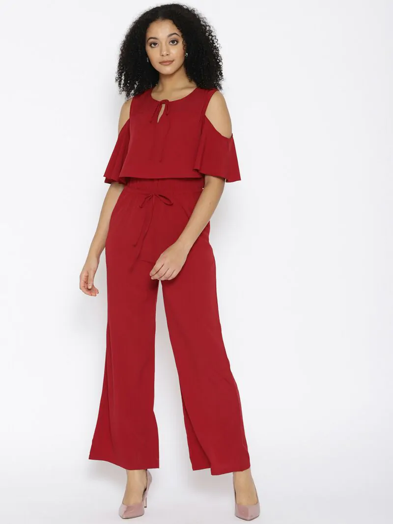Maroon Layered Cold-Shoulder Jumpsuit