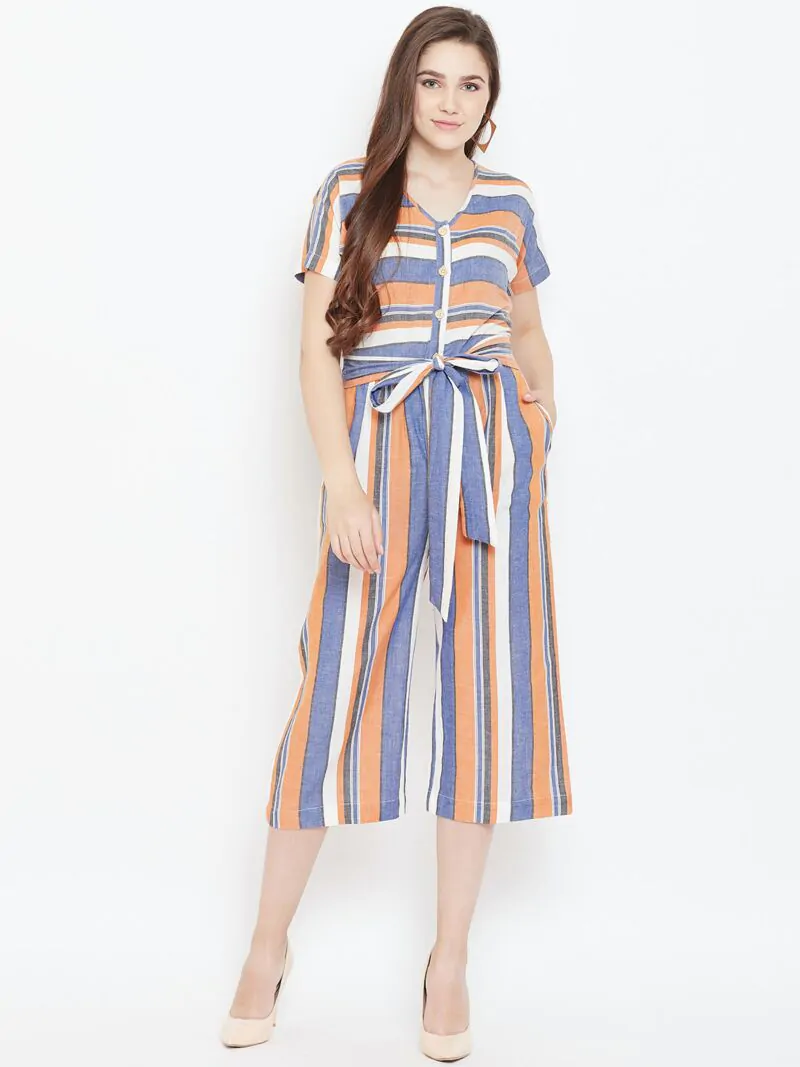 Women Blue & Orange Striped Culotte Jumpsuit
