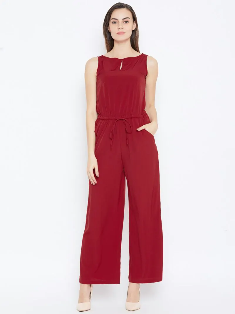 Women Maroon Solid Basic Jumpsuit