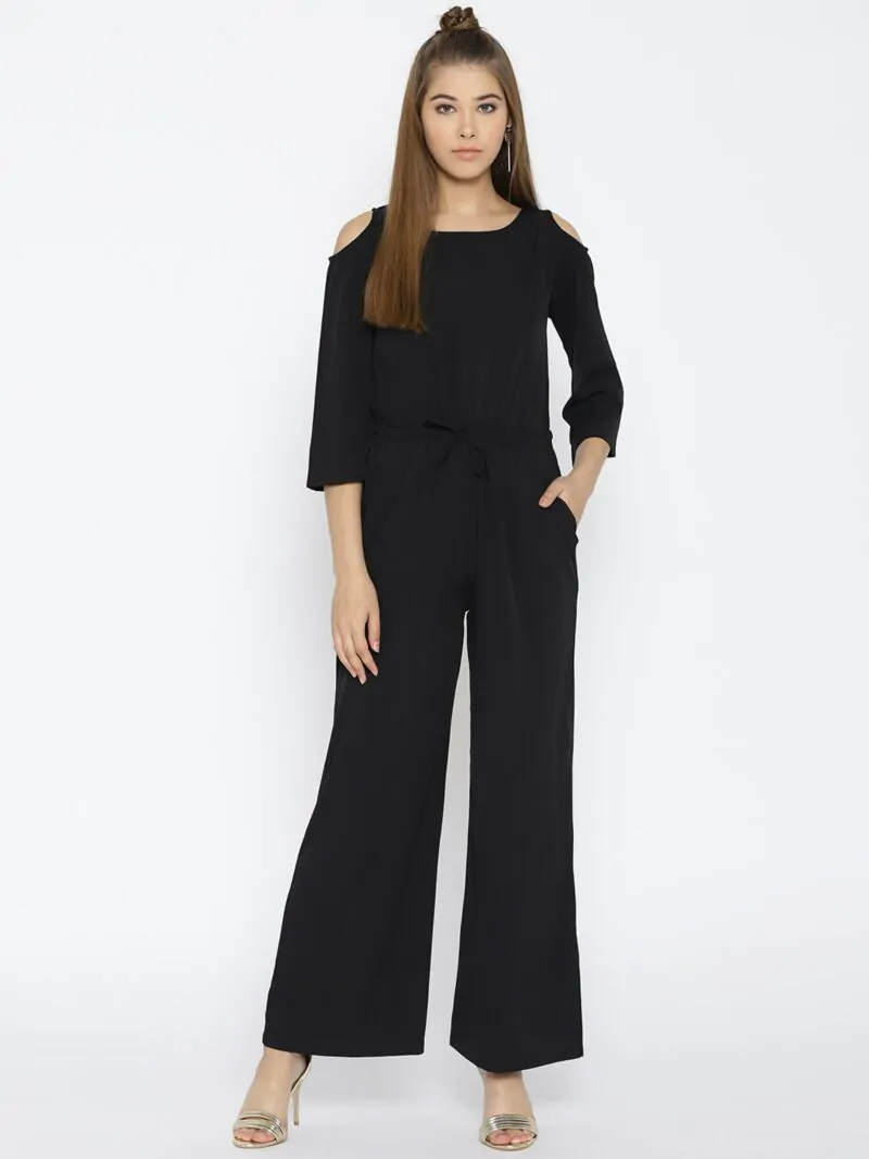 Black Solid Cold-Shoulder Jumpsuit