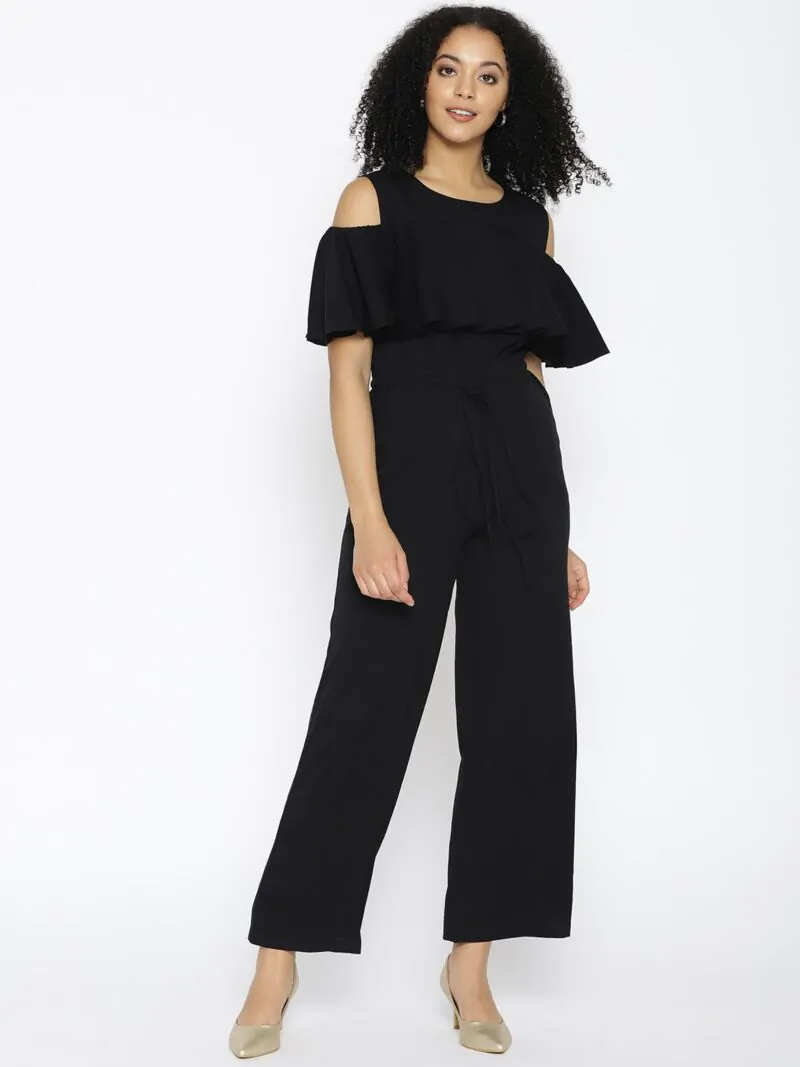 Black Solid Cold-Shoulder Jumpsuit