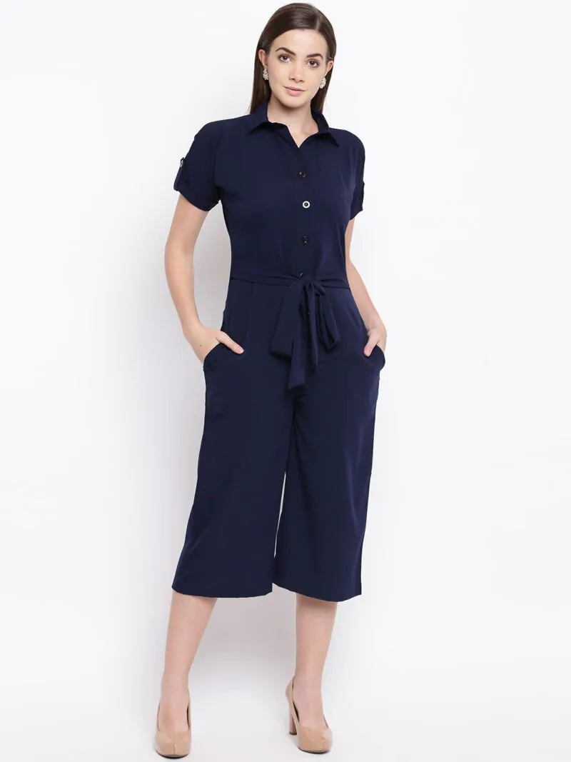 Women Navy Blue Solid Culotte Jumpsuit