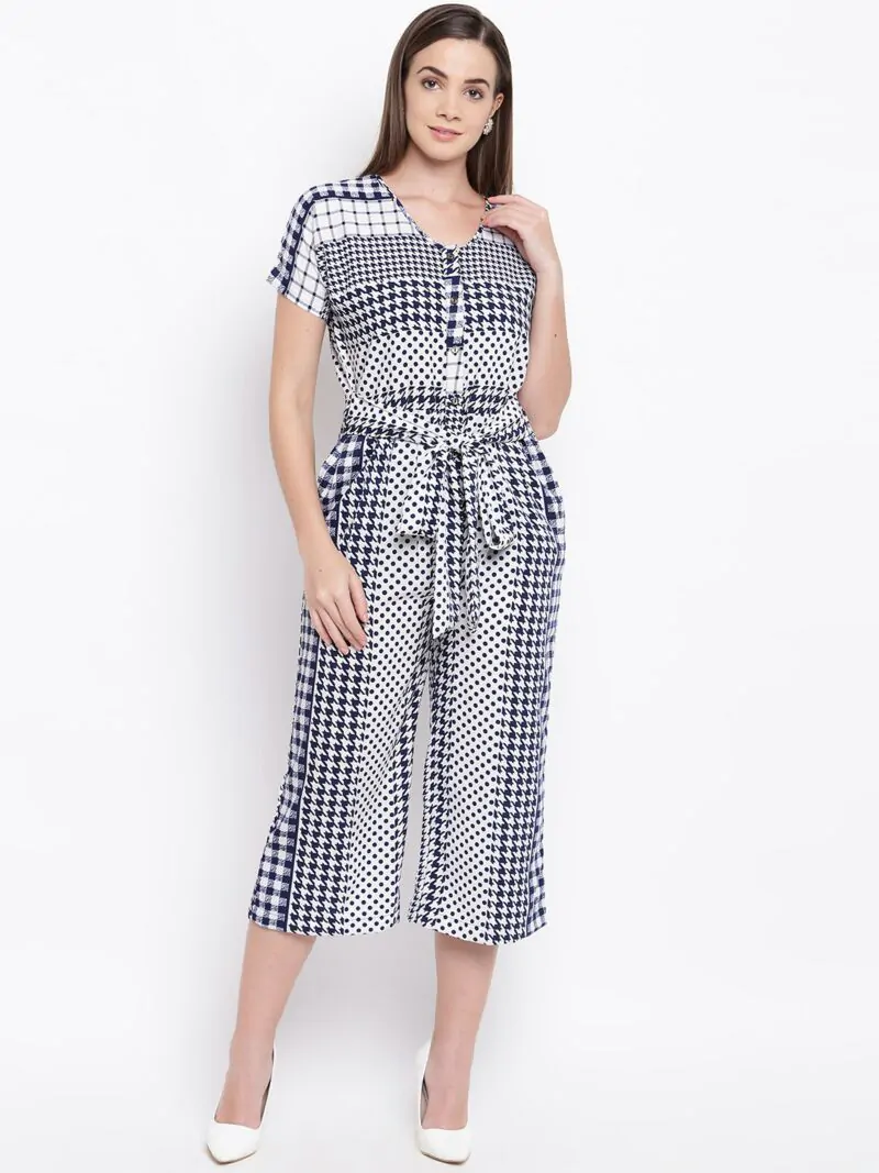 Women White & Navy Blue Printed Culotte Jumpsuit