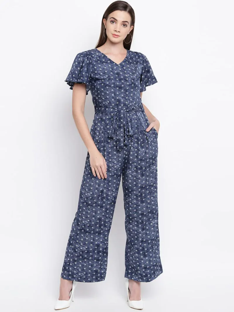 Women Navy Blue & White Printed Basic Jumpsuit