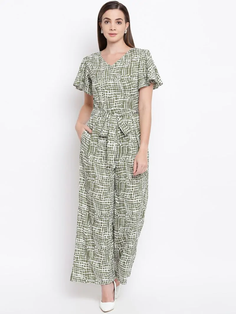 Women Off-White & Olive Green Printed Basic Jumpsuit