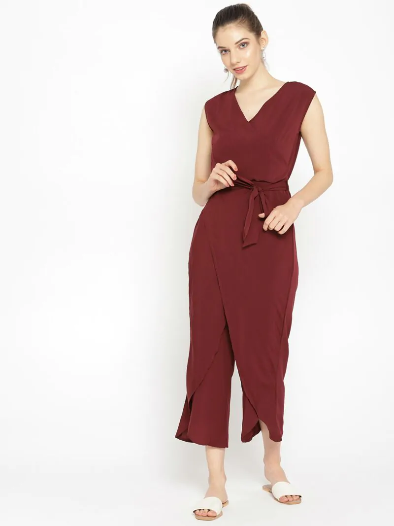 Women Burgundy Solid Layered Culotte Jumpsuit