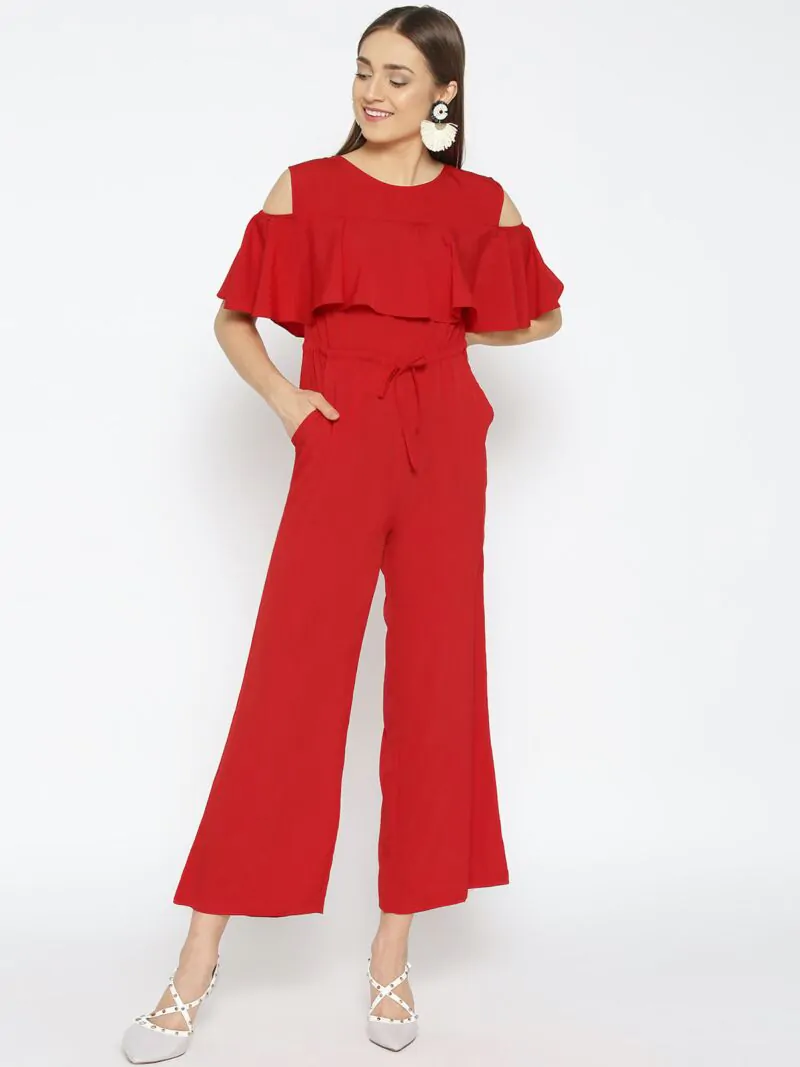 Women Red Solid Basic Jumpsuit