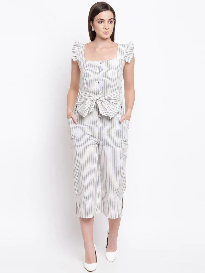 Women Off-White & Blue Striped Culotte Jumpsuit