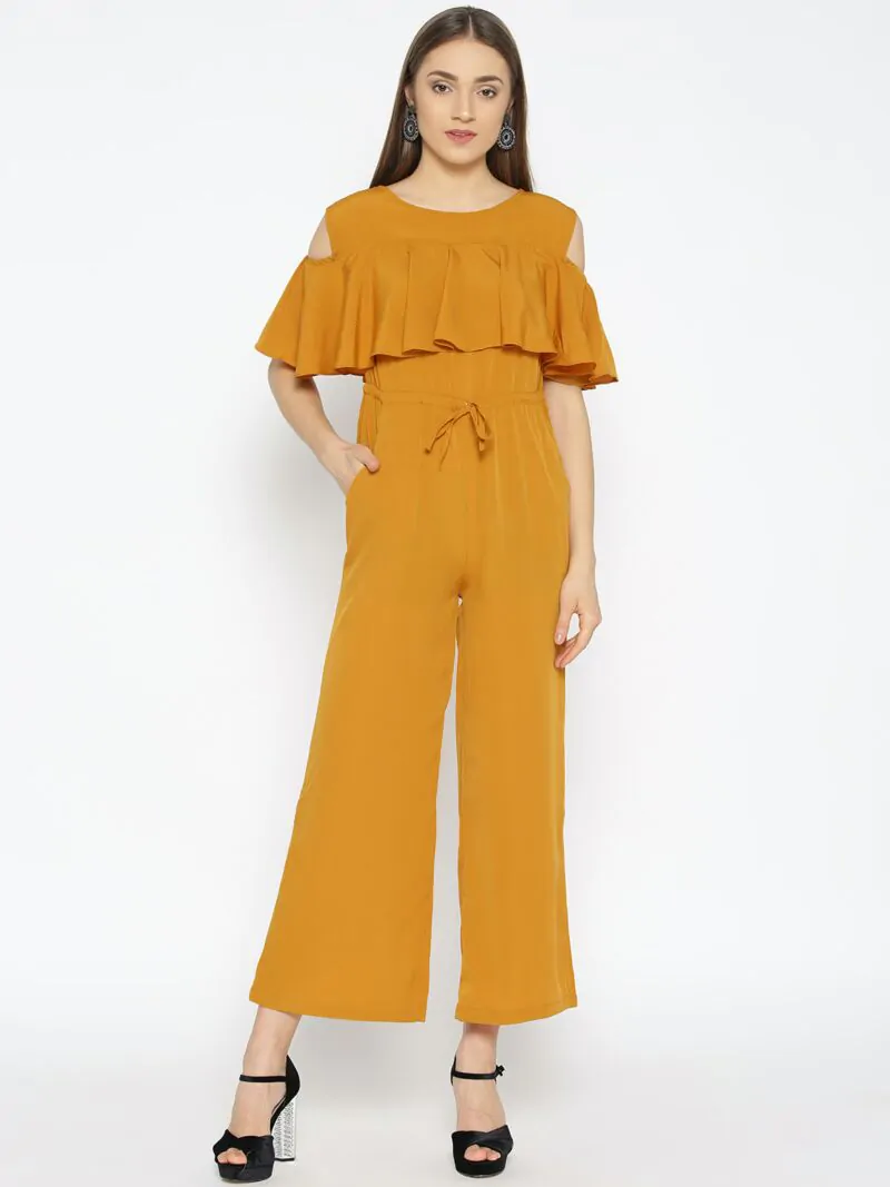 Women Mustard Yellow Solid Basic Jumpsuit