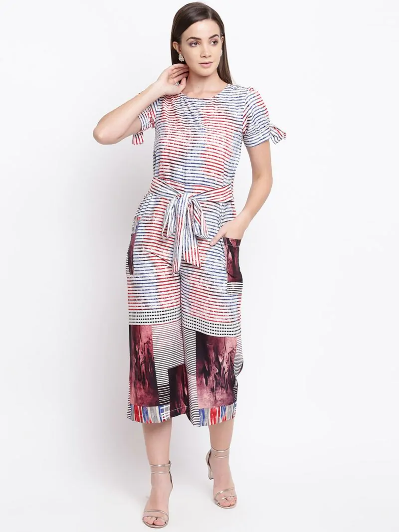 Women White & Blue Striped Culotte Jumpsuit