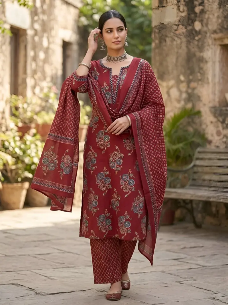 Maroon Printed Straight Kurta Set With Dupatta for Women
