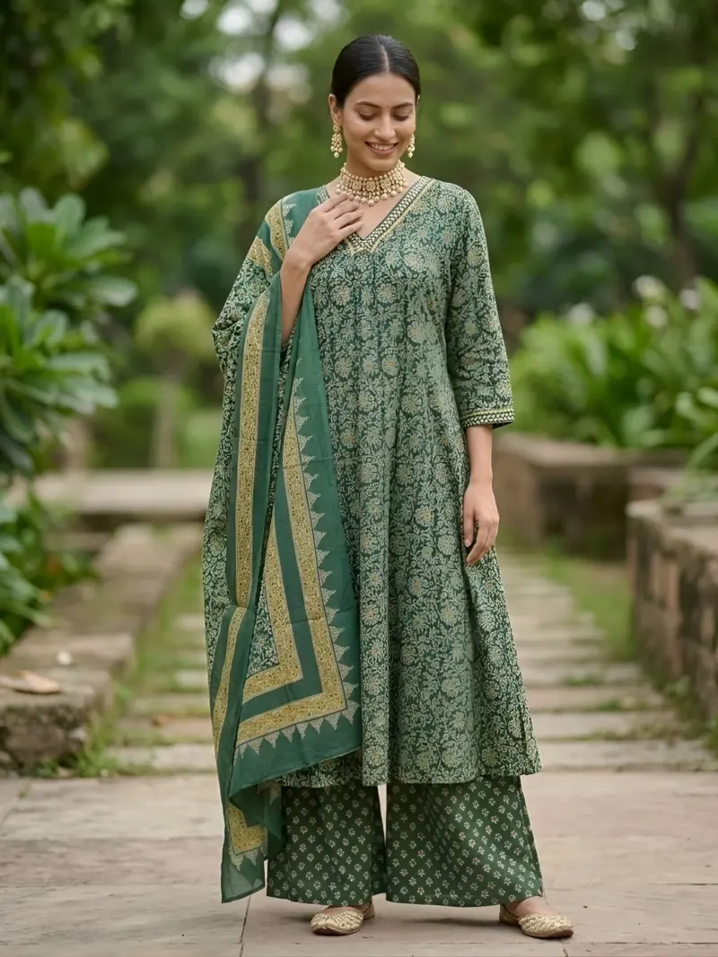 Green A-Line Kurta Set With Dupatta for Women