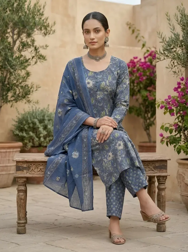 Blue Printed Straight Kurta Set With Dupatta for Women