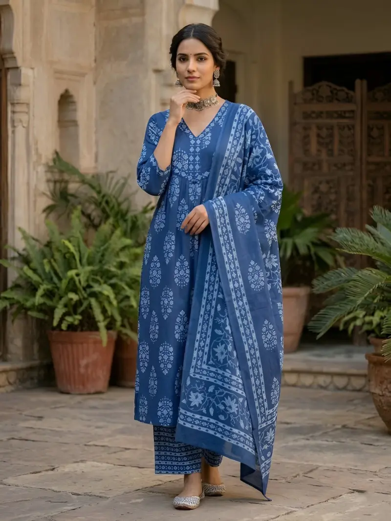 Blue Printed Straight Kurta Set With Dupatta for Women