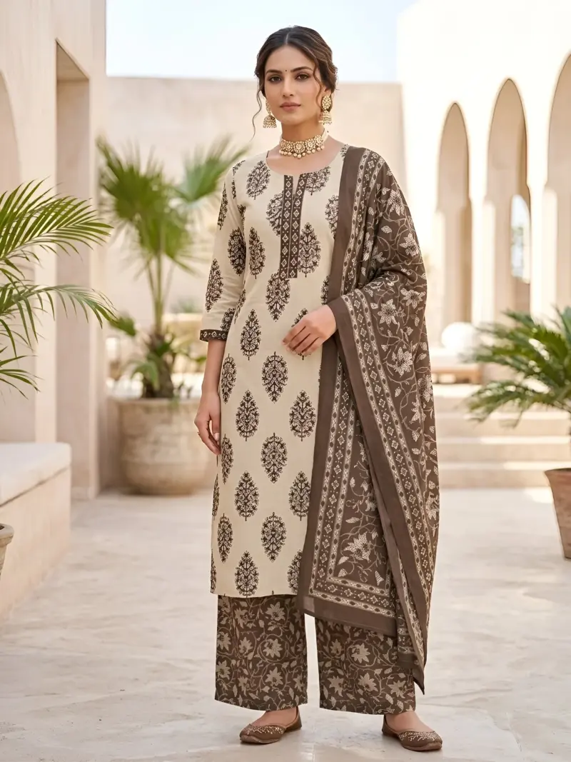 Beige & Brown Printed Straight Kurta Set With Dupatta for Women