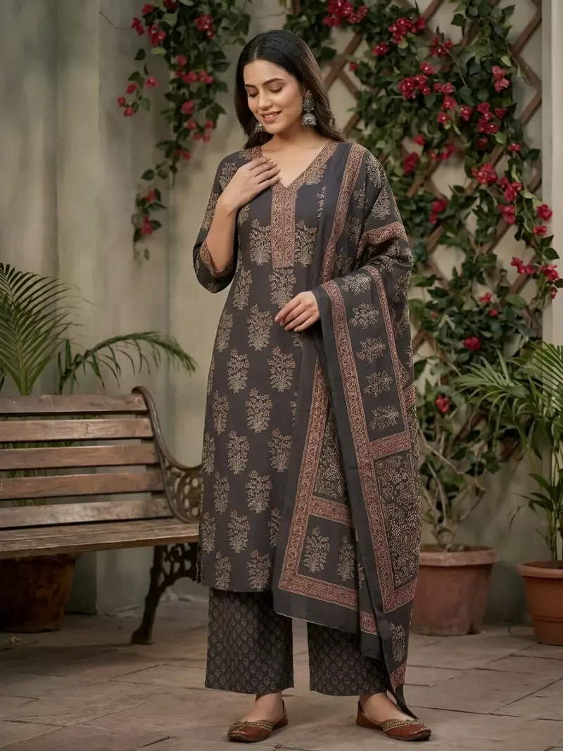 Black Printed Straight Kurta Set With Dupatta for Women