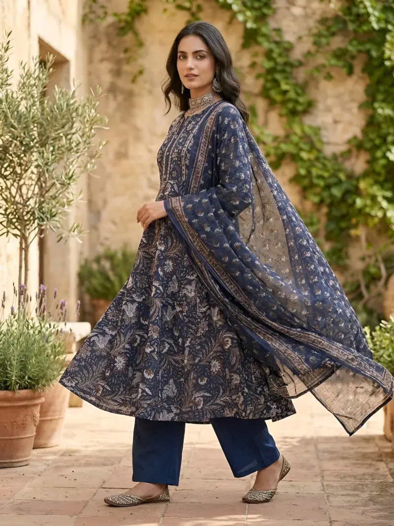 Blue Printed Anarkali Kurta Set With Dupatta for Women