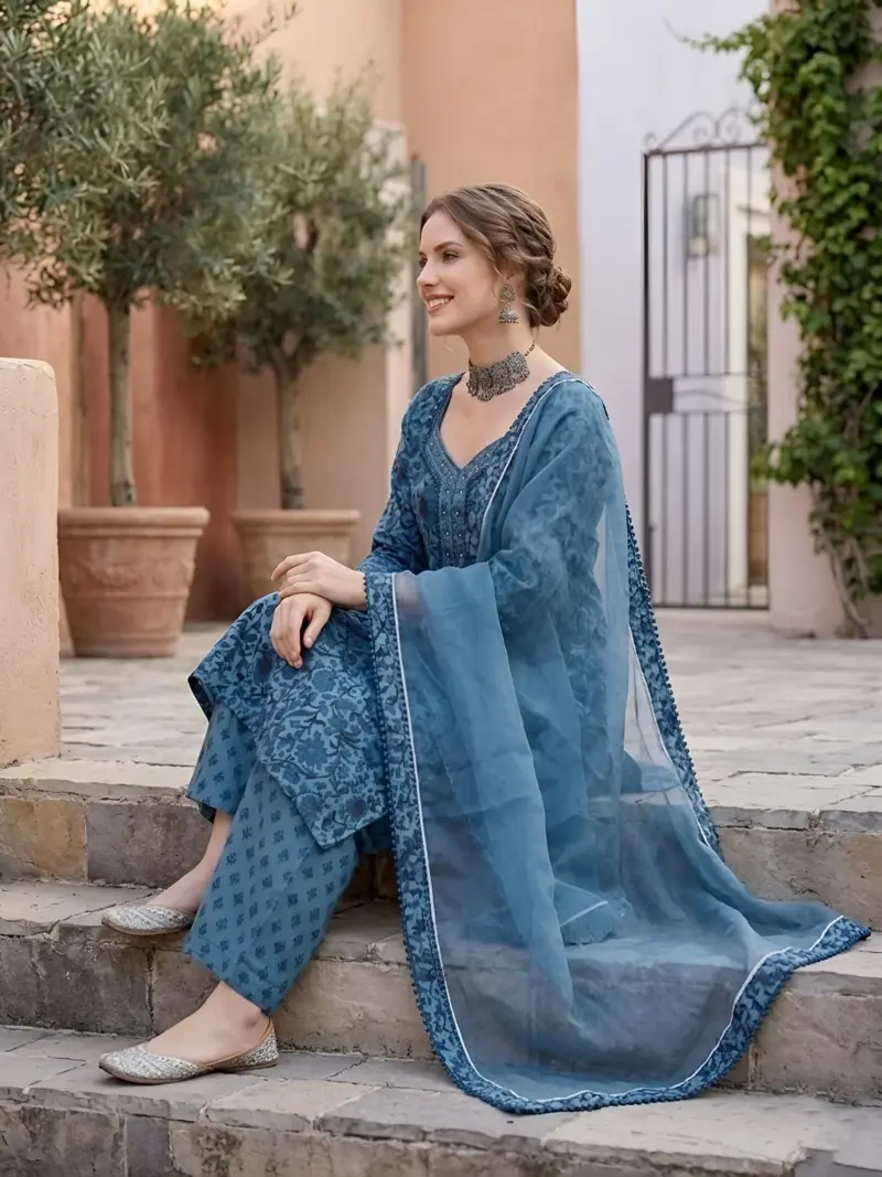 Blue Printed Straight Kurta Set With Dupatta for Women