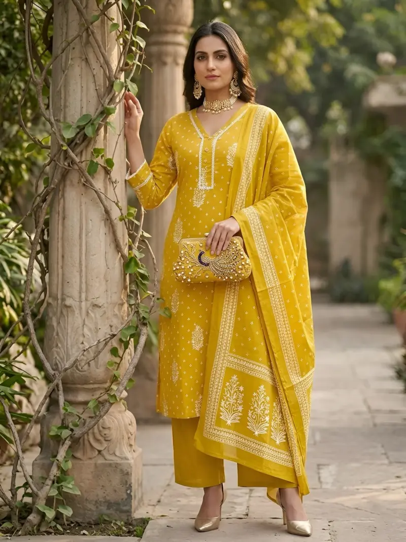 Yellow Printed Straight Kurta Set With Dupatta for Women