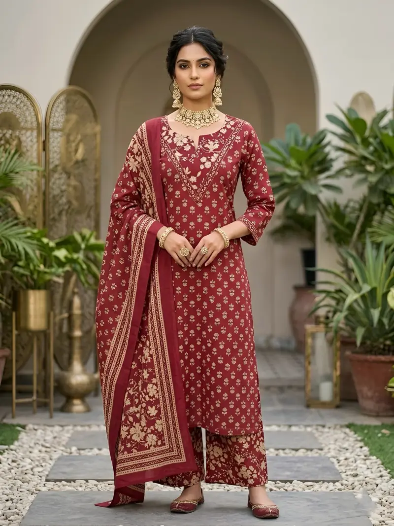 Maroon Printed Straight Kurta Set With Dupatta for WomenRegular price