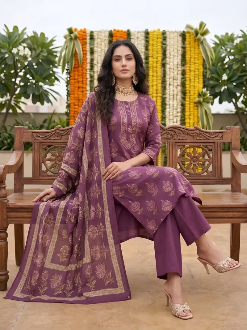 Burgundy Printed Straight Kurta Set With Dupatta for Women