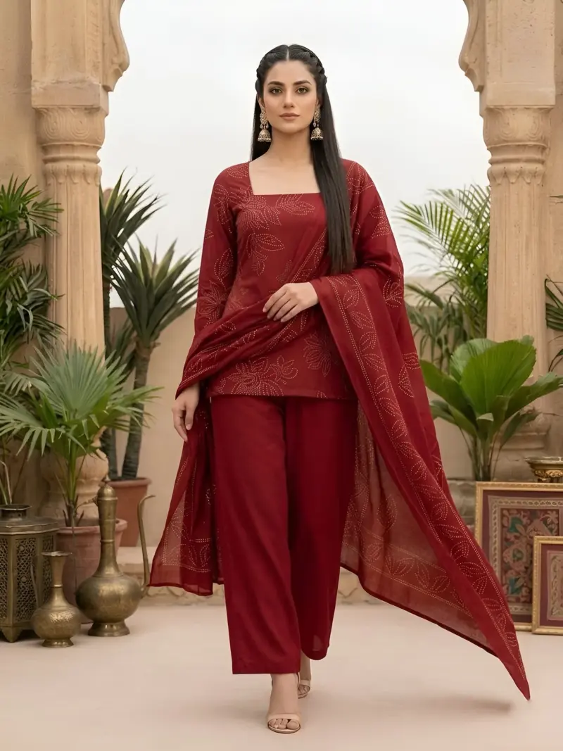 Maroon Printed Kurta with Palazzo & Dupatta Set for Women