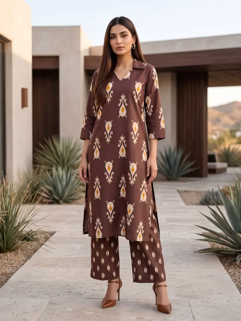 Brown Printed Straight Kurta & Trouser Two Pices Set for Women