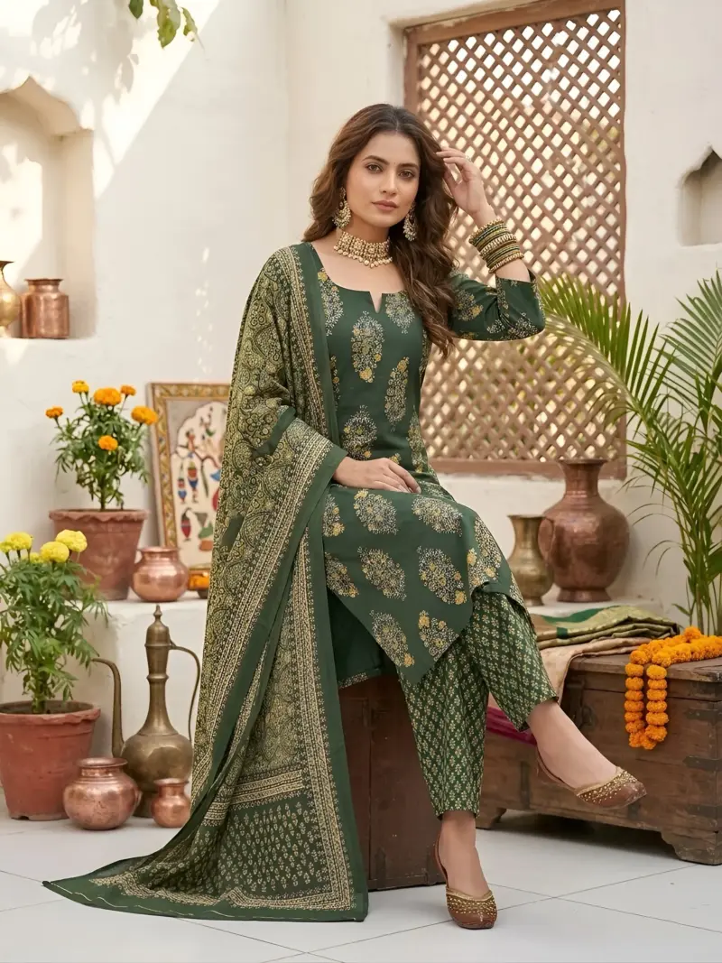 Green Printed Straight Kurta Set With Dupatta for Women